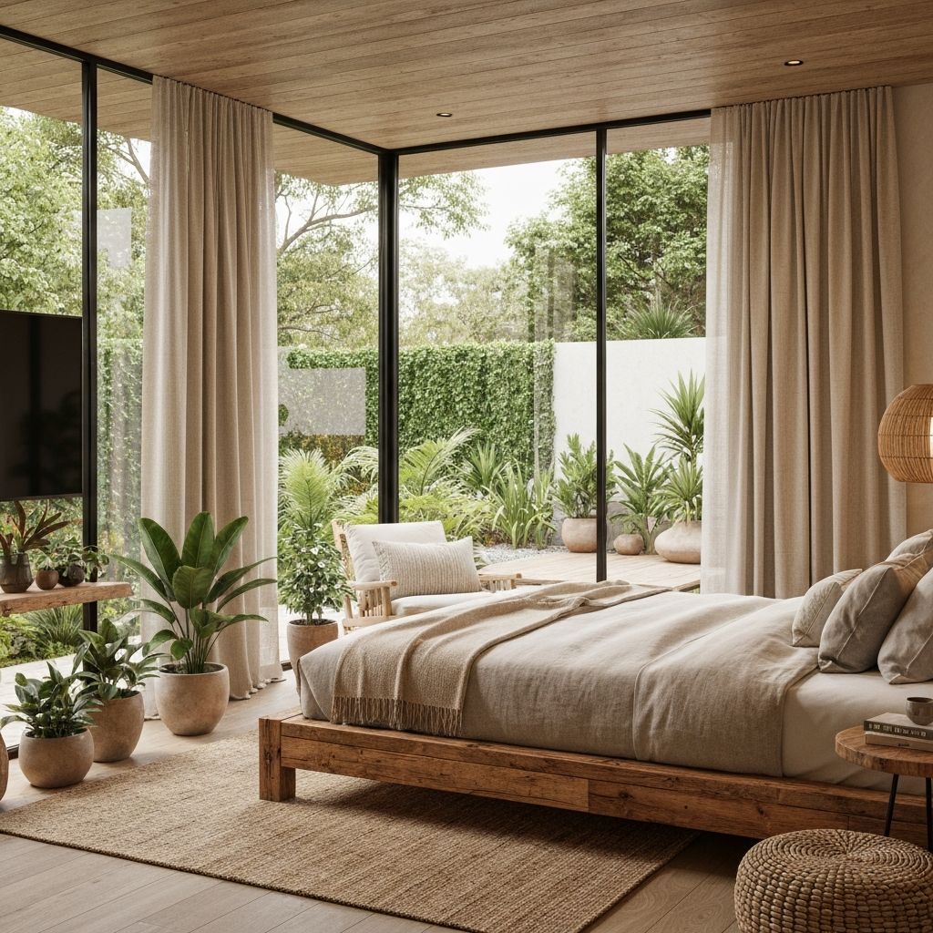 Quarto Jardim - Um refúgio sereno com vista para nossos jardins exuberantes, com cama queen, cantinho de leitura e acesso direto ao terraço externo.